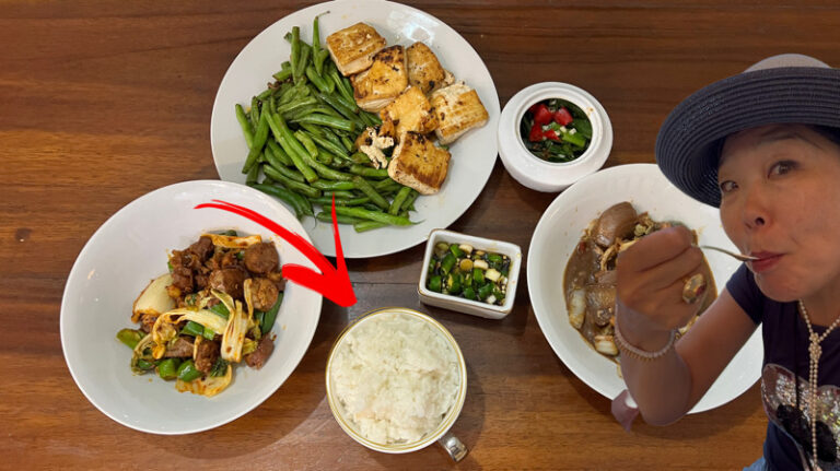 Appetitlich angerichteter Reis mit drei Beilagen (Bohnen, Tofu, mariniertes Rindfleisch), zwei Sojasaucen mit Frühlingszwiebeln und genüsslich essender Moon Suk im Vordergrund.
