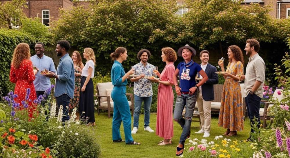 Moon Suk steht im Mittelpunkt einer Gruppe von zehn Personen auf einer lebhaften Gartenparty.