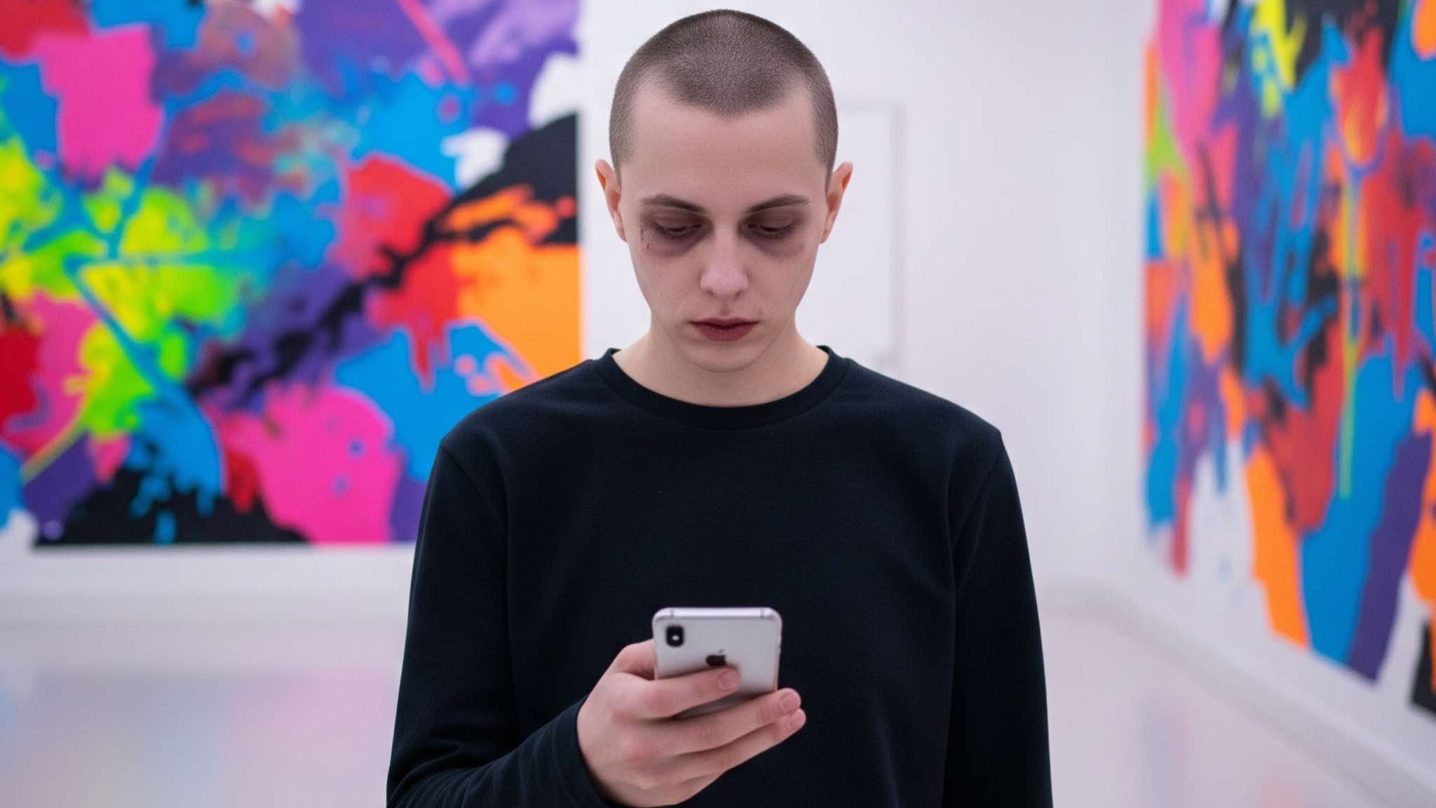 Ein Mensch mit kahlgeschorenem Kopf, der mit leblosem Blick auf sein Smartphone starrt und dabei bunte, abstrakte Kunstwerke in einer Galerie ignoriert.