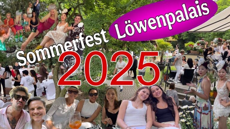 Gestaltetes Bild für Anekdoten: Löwenpalais Sommerfest 2025 mit vielen schön gekleideten Partygästen, Frauen, Künstlern (inkl. Moon Suk) und Eventmanagern.